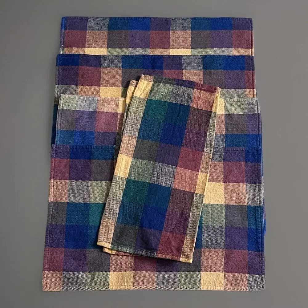 Rustic Country Farmhouse Cotton Plaid 4 Placemats and 1 Napkin Gold Green Blue